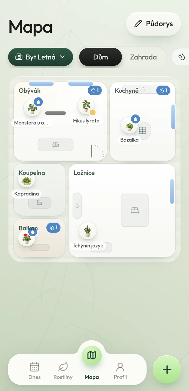 Mapa bytu s kytkami v místnostech