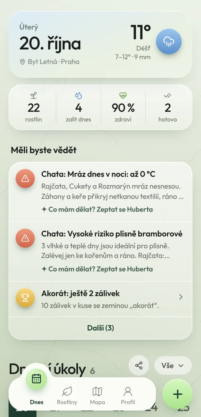 Obrazovka Dnes v aplikaci Humus
