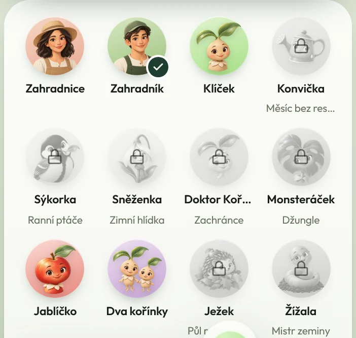 Mřížka avatarů, odemčené i zamčené
